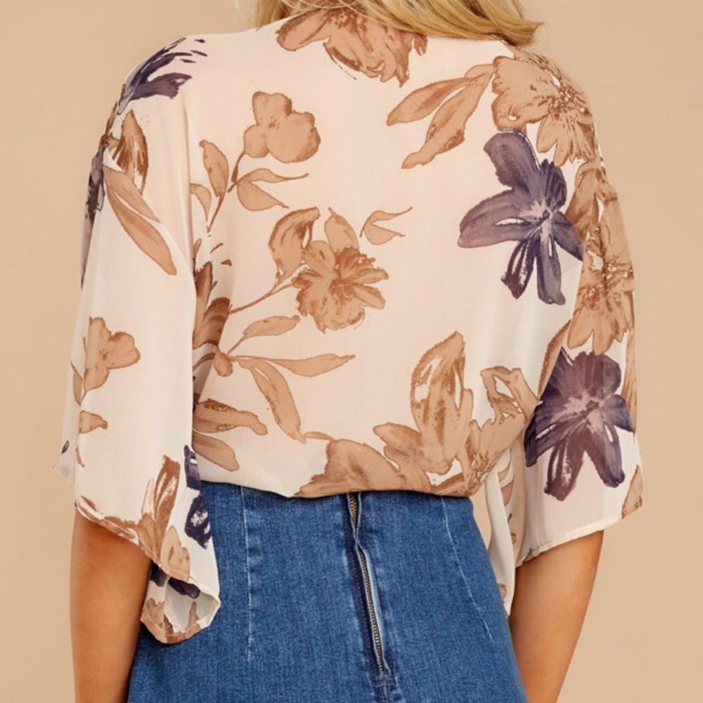 Taupe Long Floral Tie Front Summer Crop Top - Picture 6 of 8